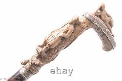 Antique Cane Walking Stick Carved Wood Handle Mamluk & Odalisque Figurines