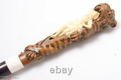 Antique Cane Walking Stick Detailed Hand Bone Carved Woman & Tiger 99cm, 39