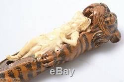Antique Cane Walking Stick Detailed Hand Bone Carved Woman & Tiger 99cm, 39