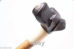 Antique Cane Walking Stick Head Carved Dog' Head Sculpted Horn Handle