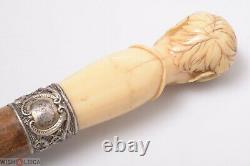 Antique Cane Walking Stick Man Bust Carved Pommel Silver Ring Bamboo Shaft