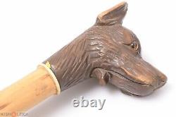 Antique Cane Walking Stick Shepherds Dog Head Carved Pommel Moving Jaw