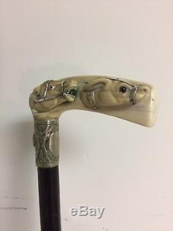 Antique Cane Walking Stick with Beautifully Carved Handle Racing Dog & Horse