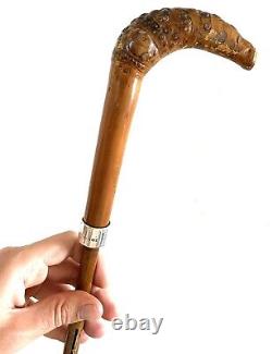 Antique Carved Armadillo Design Wooden Silver Hallmarked Walking Stick Cane