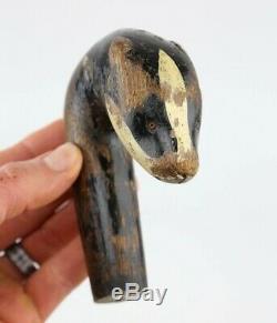 Antique Carved Badger Head Walking Stick Cane Handle Curved Odd Old vtg