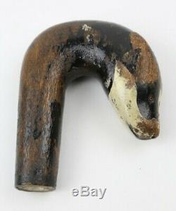 Antique Carved Badger Head Walking Stick Cane Handle Curved Odd Old vtg