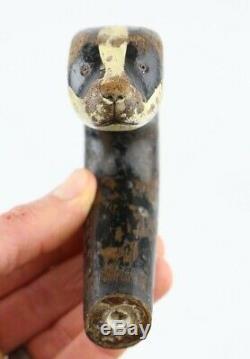 Antique Carved Badger Head Walking Stick Cane Handle Curved Odd Old vtg