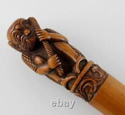 Antique Carved Bamboo Japanese Walking Stick Cane. Silver Meiji Figure c1900