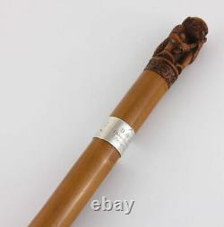 Antique Carved Bamboo Japanese Walking Stick Cane. Silver Meiji Figure c1900