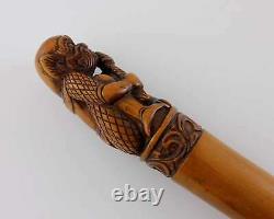 Antique Carved Bamboo Japanese Walking Stick Cane. Silver Meiji Figure c1900