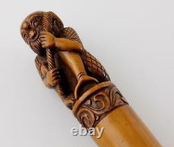 Antique Carved Bamboo Japanese Walking Stick Cane. Silver Meiji Figure c1900