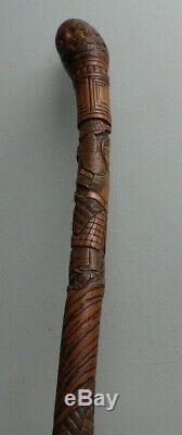 Antique Carved Bamboo Japanese Walking Stick Samurai