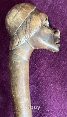 Antique Carved Blackthorn Walking Stick In The Shape Of A Face Glass Eye Rare