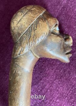 Antique Carved Blackthorn Walking Stick In The Shape Of A Face Glass Eye Rare