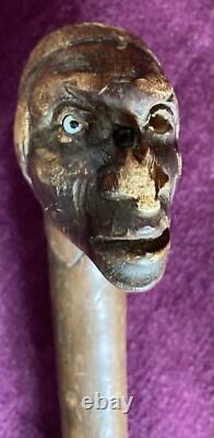 Antique Carved Blackthorn Walking Stick In The Shape Of A Face Glass Eye Rare
