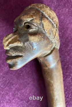 Antique Carved Blackthorn Walking Stick In The Shape Of A Face Glass Eye Rare