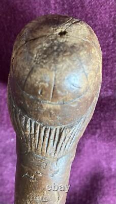 Antique Carved Blackthorn Walking Stick In The Shape Of A Face Glass Eye Rare