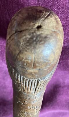 Antique Carved Blackthorn Walking Stick In The Shape Of A Face Glass Eye Rare