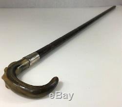 Antique Carved Bovine Horn Handled Walking Stick Silver Cuff Bamboo Effect Shaft