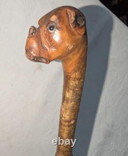 Antique Carved Cane Walking Stick Boxer Bulldog with Brass Band
