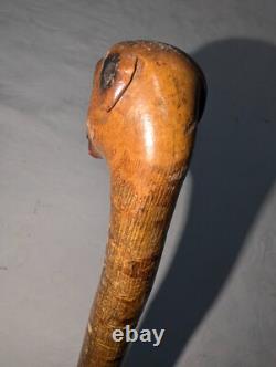 Antique Carved Cane Walking Stick Boxer Bulldog with Brass Band