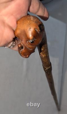 Antique Carved Cane Walking Stick Boxer Bulldog with Brass Band