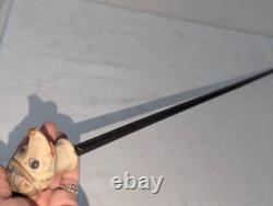 Antique Carved Cane Walking Stick Boxer Bulldog with Brass Band