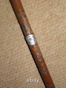 Antique Carved Chinese Walking Stick With Mother of Pearl & Silver Plaque 82cm