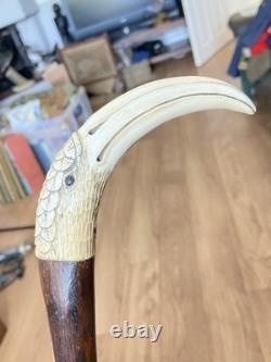 Antique Carved Coromandel Carved Bird Head Handle Walking Stick
