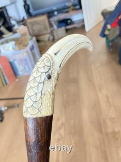 Antique Carved Coromandel Carved Bird Head Handle Walking Stick