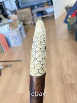 Antique Carved Coromandel Carved Bird Head Handle Walking Stick
