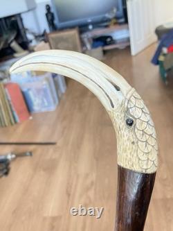 Antique Carved Coromandel Carved Bird Head Handle Walking Stick
