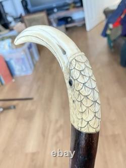 Antique Carved Coromandel Carved Bird Head Handle Walking Stick