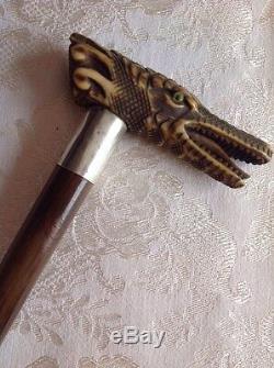 Antique Carved Crocodile Head Walking Stick