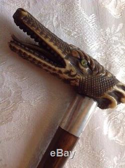 Antique Carved Crocodile Head Walking Stick