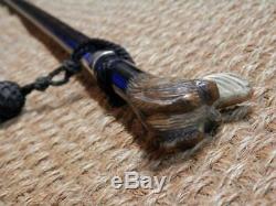 Antique Carved Dog Head Walking Stick With Glass Eyes And Silver Collar C&S