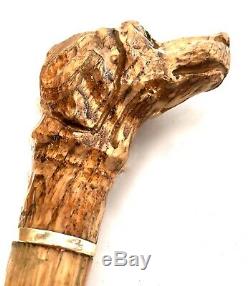 Antique Carved Dogs Head Walking Stick / Cane With Glass Eyes / Wooden Dog