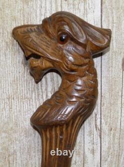 Antique Carved Dragon Glass Eyes Bamboo Walking Stick Cane Silver Hallmarks 1928