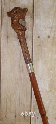 Antique Carved Dragon Glass Eyes Bamboo Walking Stick Cane Silver Hallmarks 1928
