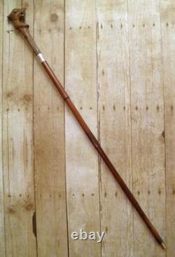 Antique Carved Dragon Glass Eyes Bamboo Walking Stick Cane Silver Hallmarks 1928