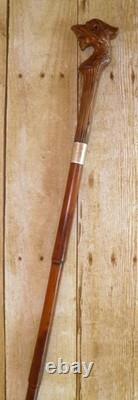 Antique Carved Dragon Glass Eyes Bamboo Walking Stick Cane Silver Hallmarks 1928
