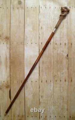 Antique Carved Dragon Glass Eyes Bamboo Walking Stick Cane Silver Hallmarks 1928