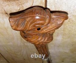 Antique Carved Dragon Glass Eyes Bamboo Walking Stick Cane Silver Hallmarks 1928