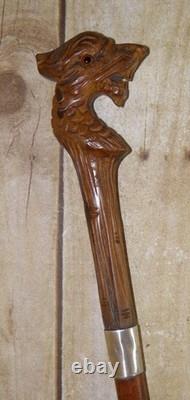 Antique Carved Dragon Glass Eyes Bamboo Walking Stick Cane Silver Hallmarks 1928