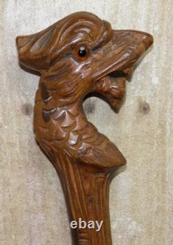 Antique Carved Dragon Glass Eyes Bamboo Walking Stick Cane Silver Hallmarks 1928