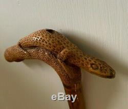 Antique Carved EXotic Wood Walking Stick Depicting a Lizard