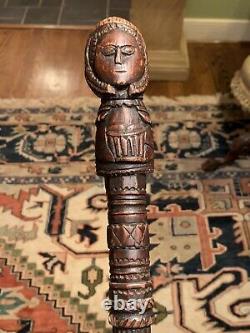 Antique Carved Folk Art Cane Walking Stick Woman withBasket 19th Century Figural