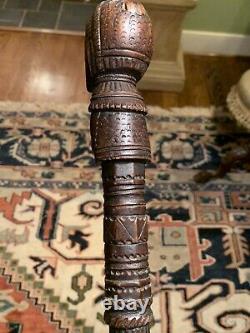 Antique Carved Folk Art Cane Walking Stick Woman withBasket 19th Century Figural