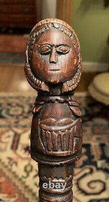 Antique Carved Folk Art Cane Walking Stick Woman withBasket 19th Century Figural