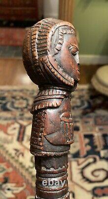 Antique Carved Folk Art Cane Walking Stick Woman withBasket 19th Century Figural